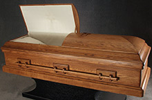 Golden Oak Casket, Solid Oak Traditional Construction Satin Custom Mediterranean Finish, Rosetan Crepe Interior