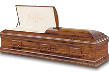 Obadiah Casket, Solid Poplar Traditional Construction, Gloss Brooklyn Walnut Finish, Rosetan Crepe Interior