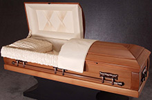 Redwood Cut Top Casket, Solid Redwood Construction Natural Satin Finish, Rosetan Frost Crepe Interior